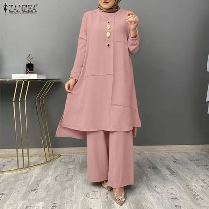 2026 ZANZEA Women Muslim Matching Sets Stylish Long Tops Pant Sets Dubai Hijab Tracksuit Abaya Kaftan Ramadan Outfits IsIamic