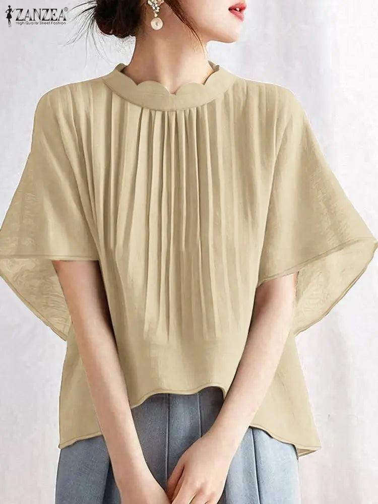 ZANZEA Elegant Pleated High-Low Blouses Womens 2025 Summer Casual Wavecut Stand Collar Short Sleeve Solid Color Tops Streetwear