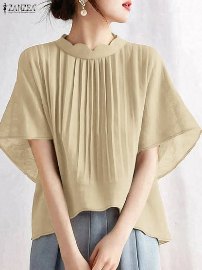 ZANZEA Elegant Pleated High-Low Blouses Womens 2025 Summer Casual Wavecut Stand Collar Short Sleeve Solid Color Tops Streetwear