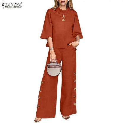 ZANZEA Women Casual Loose Pant Suits Wide Leg Pant & 3/4 Sleeve Blouse 2 Pieces Sets Summer Daily Solid Color Pant Sets Outfits