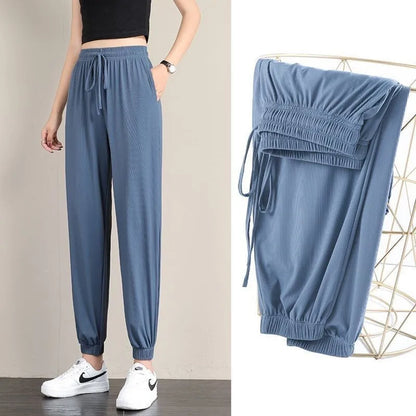 1pcs Summer Womens Ice Silk Pants Female High Elastic Waist Drawstring Pocket Loose Straight Trousers Student Sports Harun Pants