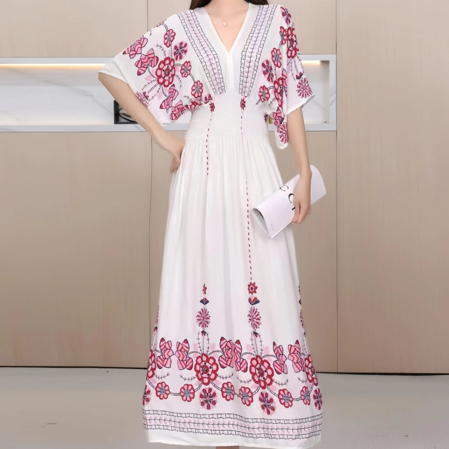 Women Bohemian Ethnic Printed Holiday Dress V-Neck Elastic Waist Casual Batswing Sleeve Mid Dress Elegant Vintage Retro Dress