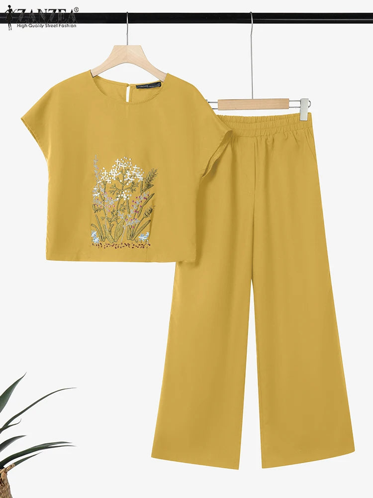 2025 ZANZEA Fashion Short Sleeve Embroidered Blouse Trousers Suits Summer Two Piece Sets Women Outfits Casual Work OL Pant Sets