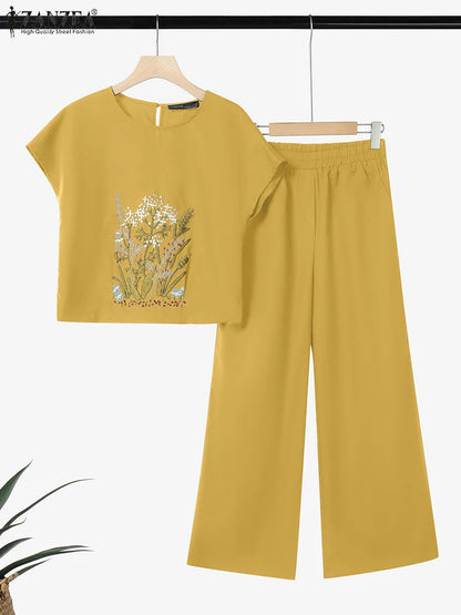 2025 ZANZEA Fashion Short Sleeve Embroidered Blouse Trousers Suits Summer Two Piece Sets Women Outfits Casual Work OL Pant Sets