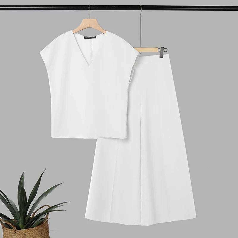 ZANZEA 2PCS Elegant V Neck Short Sleeve Blouse Pant Sets Summer Women Matching Sets Solid Color OL Outfit Wide Leg Trousers Suit
