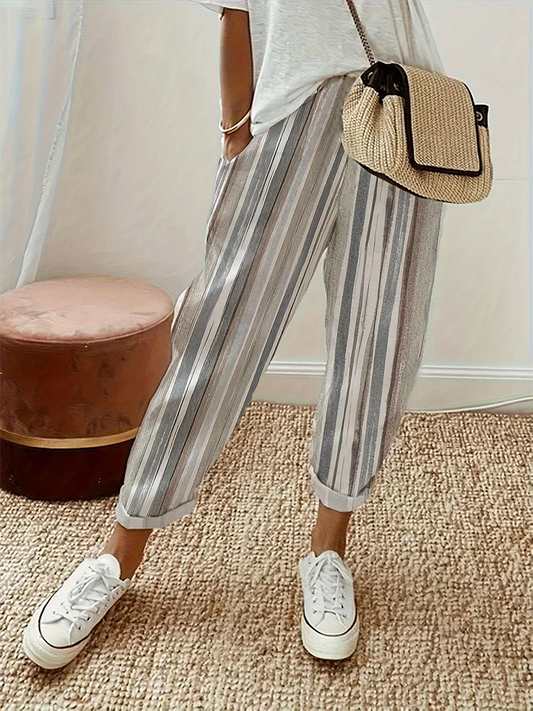 Women's Solid Color Printed Stripe Pants Wide Leg Pants Elastic Pocket Slim Fit Commuter Style Summer 2024