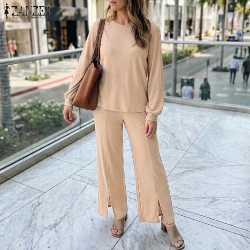 ZANZEA Plus Size-Women's Ribbed Knit Pant Suits Long Sleeve Tops & Slit Hem Wide-Leg Pants 2 Pieces Sets Cozy Loose Outfits 5XL