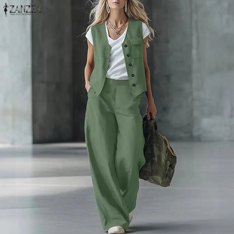 2026 ZANZEA Summer 2 Pieces Sets Women Outfits Tracksuit Elegant Sleeveless Vest Tops Trousers Suits Fashion OL Work Pants Sets