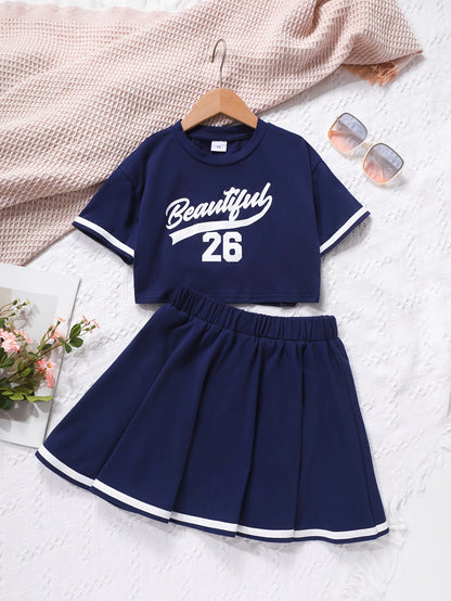 Girls' Spring Summer Half-Skirt Set with Short Sleeve T-Shirt Sport Casual Short Top And Skirt 2-Piece Set