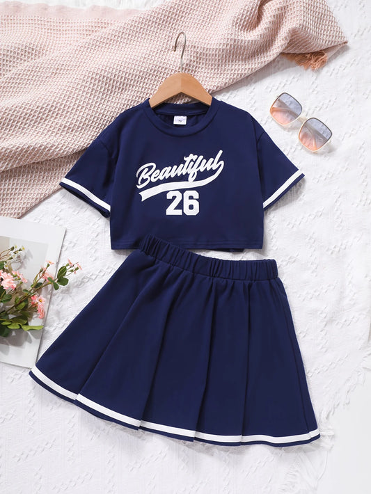 Girls' Spring Summer Half-Skirt Set with Short Sleeve T-Shirt Sport Casual Short Top And Skirt 2-Piece Set