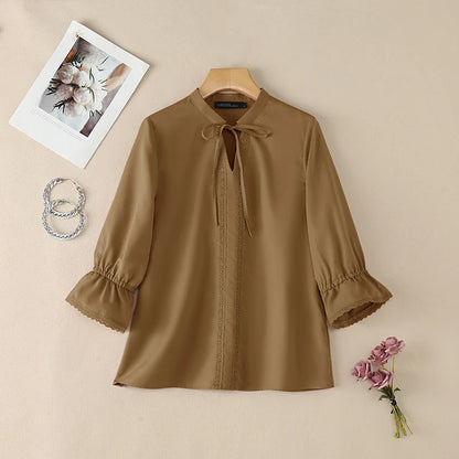 ZANZEA Women Elegant Lace Paneled Blouses Lace-Up V-Neck 3/4 Sleeves Tops Summer Daily Casual Solid Color Blusas de Mujer