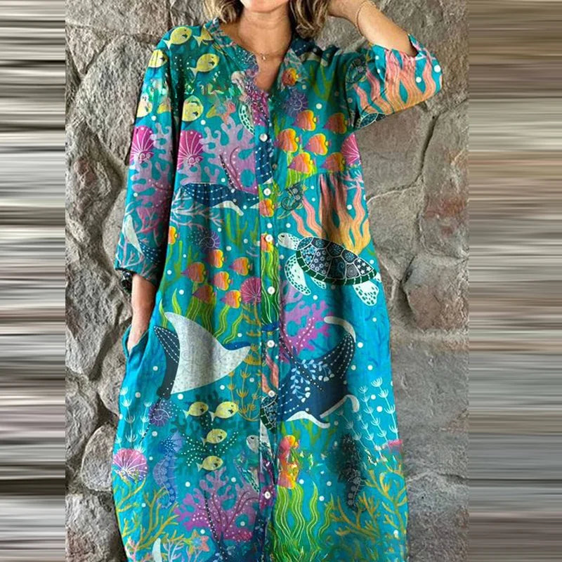 Bohemian Loose Single Breasted Dress Women's Casual O-neck Pocket Commuting Dress Spring Summer Floral Print Long Sleeved Dress