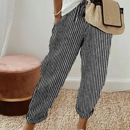 European and American Cross border Women's Summer New Fashionable Loose Stripe Printed Elastic Waist Drawstring Casual Pants