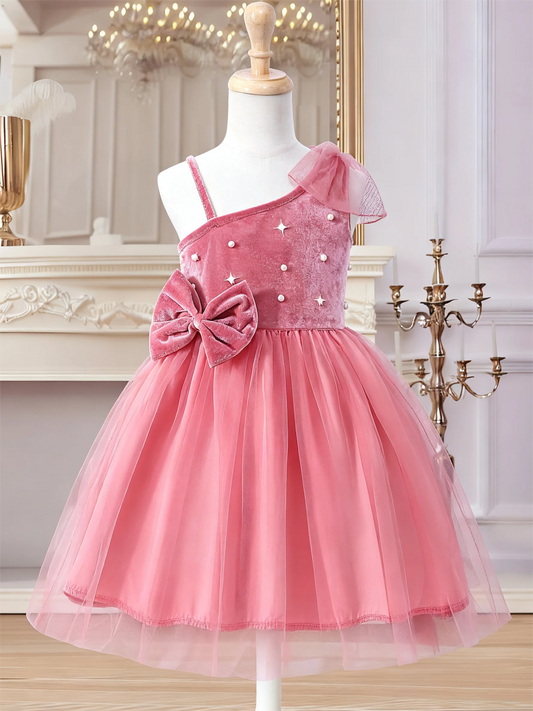 Pink One-Shoulder Tulle Dress for Girls - Spaghetti Strap, Pearl Bow, Romantic Cute
