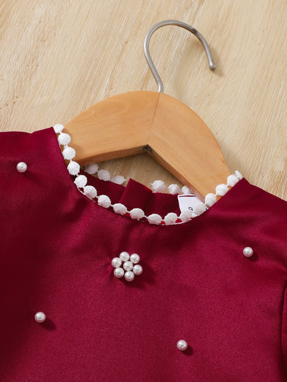 Baby Girl Birthday Dress Bubble Sleeves and Pearl Decal Wine Red Dress Suitable for 0-3 Year Old Daby Girls Party Princess Dress