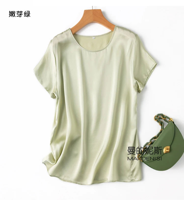 ZVAQS 100% Mulberry Silk T Shirts Woman Elegant Satin T Shirt 27 Colors High Quality Silk Summer Tops 2025 Women Clothing Топ