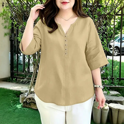 ZANZEA Woman Cotton Linen 3/4 Sleeve Blouses V-Neck Half-Button Solid Color Tops Spring Summer Daily Casual Wear Blusas de Mujer