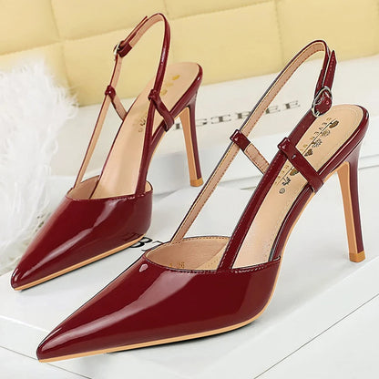BIGTREE Shoes Fashion High Heels Patent Leather Women Pumps Rear Empty Rear Strap High Heeled Sandals Summer Shoes Stiletto 9 cm