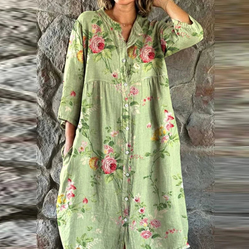 Bohemian Loose Single Breasted Dress Women's Casual O-neck Pocket Commuting Dress Spring Summer Floral Print Long Sleeved Dress