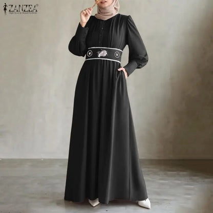 Ramadan Abaya ZANZEA Autumn Embroidered Dresses Muslim Robe Eid Dress IsIamic Clothing Women Long Sleeve Buttons Sundress Kaftan