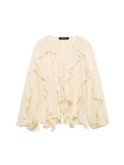 Women's Casual Ruffled Shirt Loose Lace Up Hollow Out V Neck Tops 2025 Spring Blouses Women Clothes