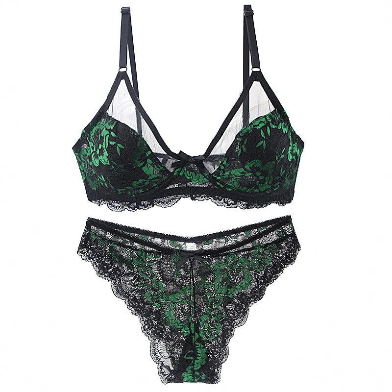 Ultra-Thin Thick Bra Sets 34/75 36/80 38/85 40/90 42/95 44/100 46/105 BCDE Cup Underwear Transparent Embroidery Lace Lingerie
