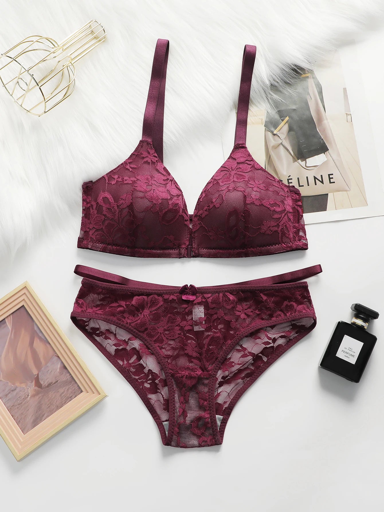 Women Sheer Lace Bra Set Front Hook Closure Wireless V Neck Brassiere Burgundy Floral Lace Underwear Panties Suit Sexy Lingerie