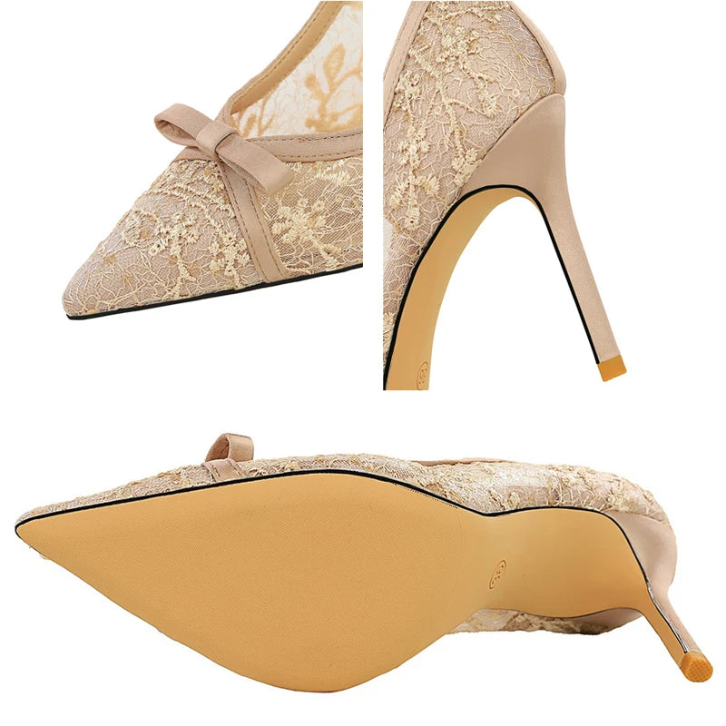 BIGTREE Shoes Women 9.5 Cm Heels Lace Mesh Women Pumps Bowknot High Heels Stiletto Sexy Party Shoes Fashion Lady Wedding Shoes