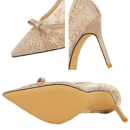 BIGTREE Shoes Women 9.5 Cm Heels Lace Mesh Women Pumps Bowknot High Heels Stiletto Sexy Party Shoes Fashion Lady Wedding Shoes