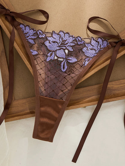 Purple Floral Embroidery Fishnet Lingerie Set Women Sheer Underwire Bra Side Tie Thong Sexy Ladies Underwear ZA825200