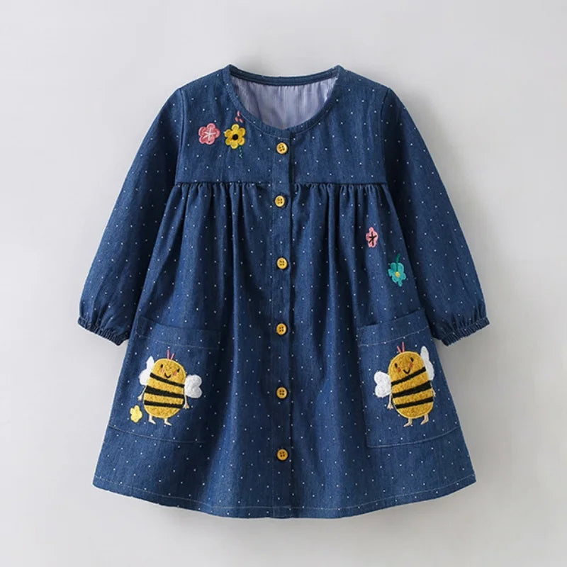 2026 Spring Autumn New 3 4 6 8 10 12 Years Embroidery Flower Long Short Sleeve Double Use Denim Blue Kids Girl Dress With Belt
