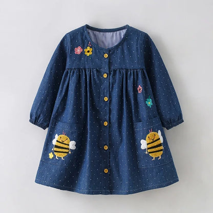 2026 Spring Autumn New 3 4 6 8 10 12 Years Embroidery Flower Long Short Sleeve Double Use Denim Blue Kids Girl Dress With Belt