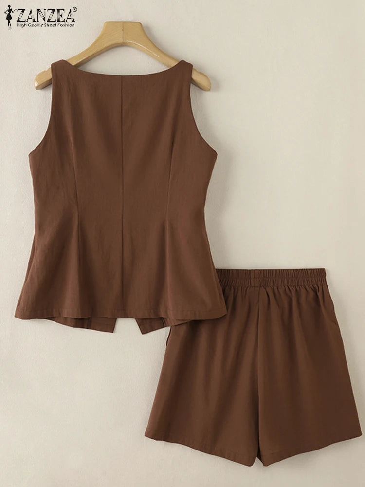 2025 ZANZEA Summer Elegant Sleeveless Vests Tops Shorts Sets Women 2PCS Holiday Outfits Stylish Solid Tracksuits Two Pieces Set