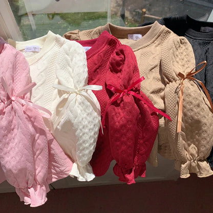 2026 Autumn New Children Long Sleeve Clothes Set Girls Cute Bow Loose Tops + Flared Trousers 2pcs Suit Kids Girls Outfits