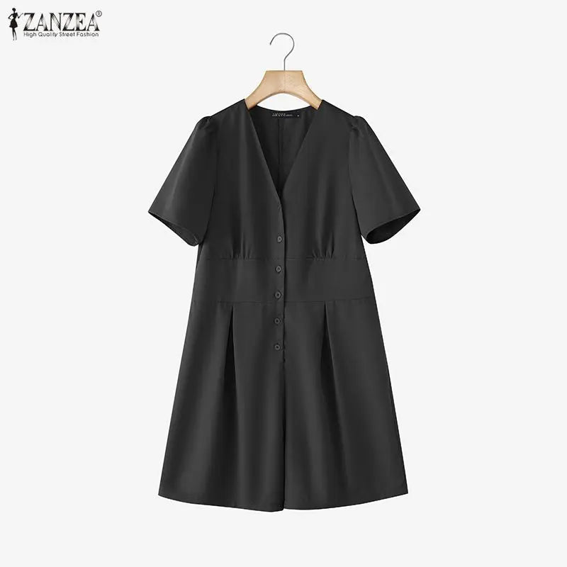 ZANZEA Woman Casual Half-Button Rompers V-Neck Short Sleeve Solid Color Short Jumpsuits Summer 2026 Playsuits Streetwear S-3XL