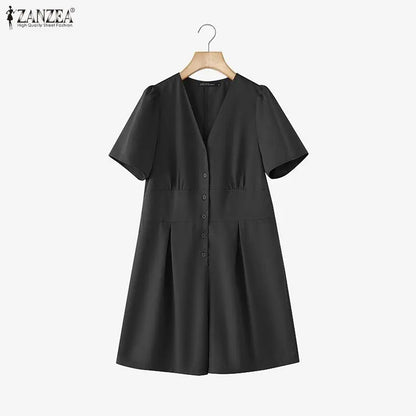 ZANZEA Woman Casual Half-Button Rompers V-Neck Short Sleeve Solid Color Short Jumpsuits Summer 2026 Playsuits Streetwear S-3XL