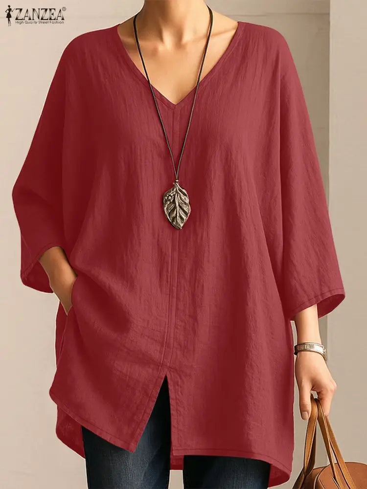 ZANZEA 2025 Autumn 3/4 Sleeve Blouses Women Casual V-Neck Solid Color Slit Hem Long Blouse Loose Everyday Wear 3 Colors S-3XL