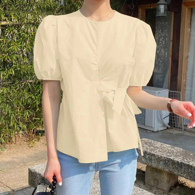ZANZEA Women Elegant Chic Tied Waist Blouses O-Neck Short Puff Sleeve Solid Color Tops Summer Fashion Blusas de Mujer Streetwear
