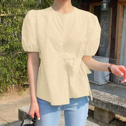 ZANZEA Women Elegant Chic Tied Waist Blouses O-Neck Short Puff Sleeve Solid Color Tops Summer Fashion Blusas de Mujer Streetwear