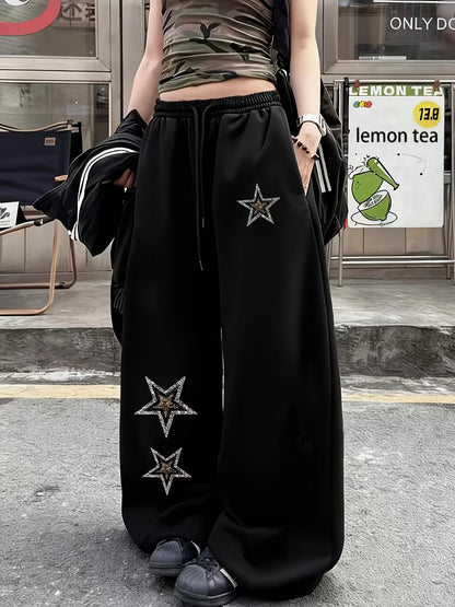 New Women's Plus Size Star Print Pants Fleece Elastic Waist Straight Leg Sweatpants Fashionable and Versatile