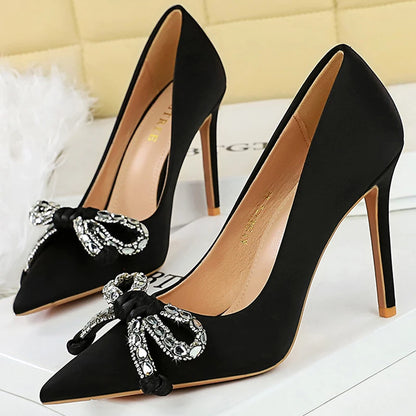 BIGTREE Shoes Bowknot Rhinestone Women Pumps Silks Satins High Heels Stiletto 10.5 Cm Luxury Banquet Shoes Women Large Size 43