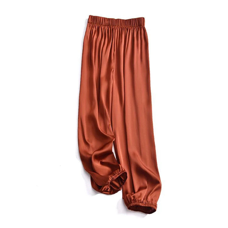 Summer Fashion Elastic Waist Loose Casual Ankle Length Satin Lantern Pants Women Solid Color All-match Trousers Female Clothes