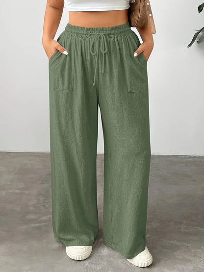 Comfortable Plus Size Wide-Leg Pants with Drawstring Waist and Pockets for Effortless Style