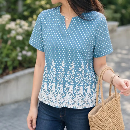 ZANZEA Women Blouse Short Sleeve Top Loose Elegant Office Casual V-Neck Polka Dot Summer Blusas Streetwear Tunic Tee