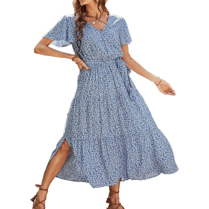 Plus Size Women's All-Over Printed Dress Holiday Style Layered Slit V-Neck Belted Dress