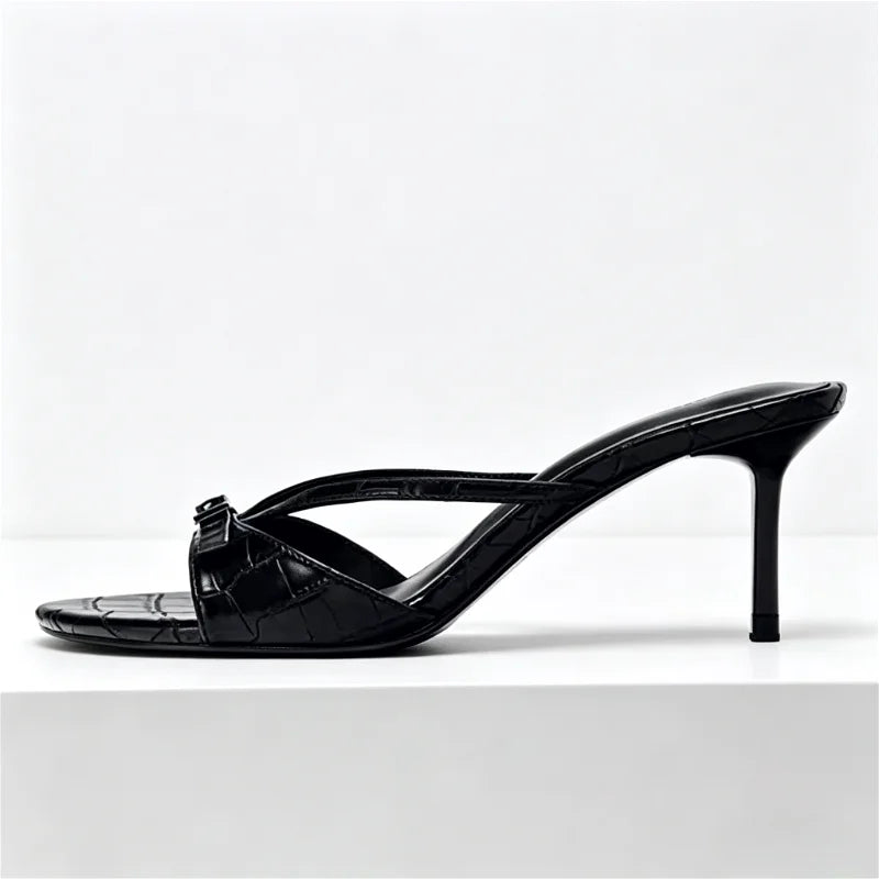 2026 Summer Embossed Top Design Slippers Women Sexy Peep Toe Heeled Sandals for Ladies Elegant Cross Strap Buckle High Heels
