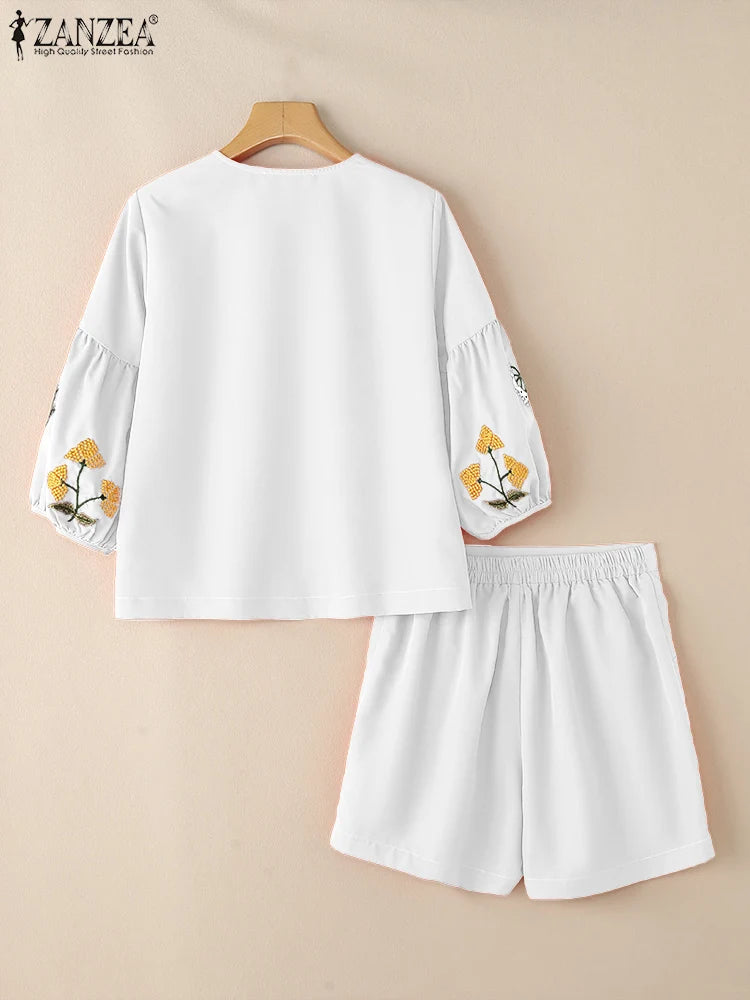 ZANZEA Summer Elegant V Neck 3/4 Sleeve Blouse Short Sets 2PCS Women Outfits Casual Holiday Matching Sets Fashion Work Tracksuit