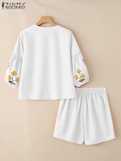 ZANZEA Summer Elegant V Neck 3/4 Sleeve Blouse Short Sets 2PCS Women Outfits Casual Holiday Matching Sets Fashion Work Tracksuit