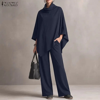 ZANZEA Women Minimalist Pant Sets Autumn Turtleneck 3/4 Sleeve Asymmetrical Hem Blouse & Pant 2pcs Sets Brushed Knit Co-ords
