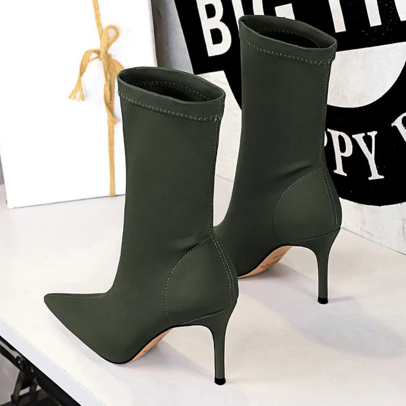 BIGTREE Shoes Stiletto Sexy Elastic Boots Women Shoes Sexy Stretch Fabric Ankle Boots Pointed Tip High Heels Boots Plus Size 43